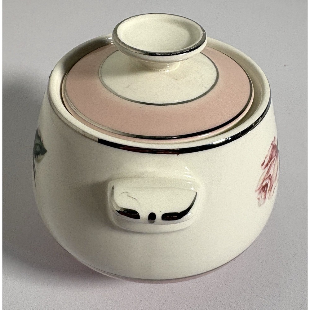 Vintage Homer Laughlin Cavalier Sugar Bowl with Lid Duberry Pink Rose Platinum - Picture 10 of 12